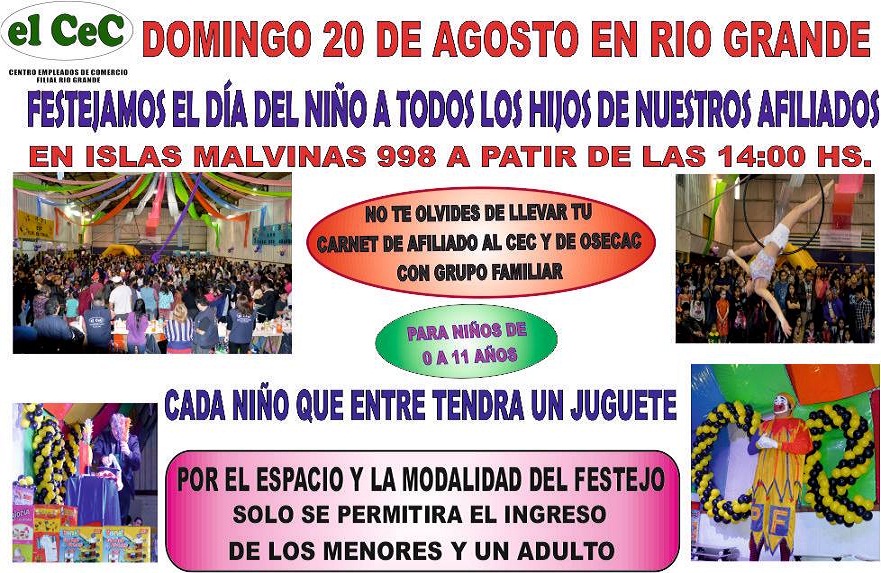 El CEC festejará el Día de Niño en el gimnasio de la calle Islas Malvinas 998 el próximo domingo 20 de agosto desde las 14:00 horas.