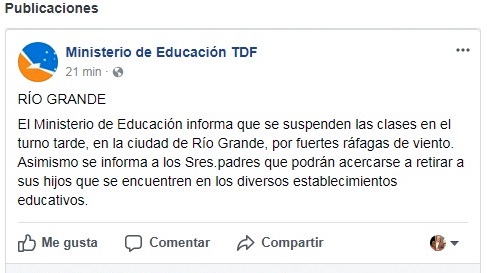 El Ministerio de Educación suspendió las clases en el turno tarde en la ciudad de Río Grande, por fuertes ráfagas de viento. 