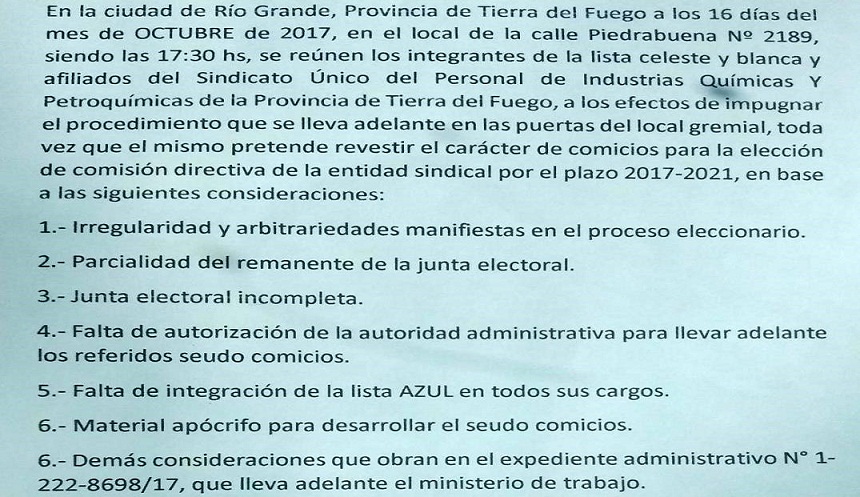 Texto de la impugnación presentada por los integrantes de la Lista Celeste y Blanca.