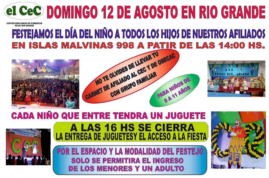 El CEC festejará el Día de Niño en el gimnasio de la calle Islas Malvinas 998 el próximo domingo 12 de agosto desde las 14:00 horas.