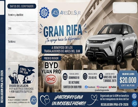 El sorteo del auto de los trabajadores de la ex Aires del Sur será el 18 de octubre 
