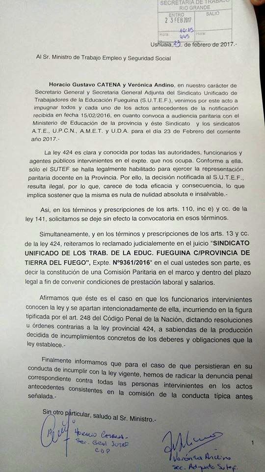 Nota presentada por el SUTEF en el Ministerio de Trabajo en Río Grande. 