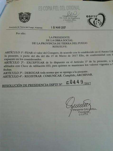 Resolución Nº 449/17 OSPTF.