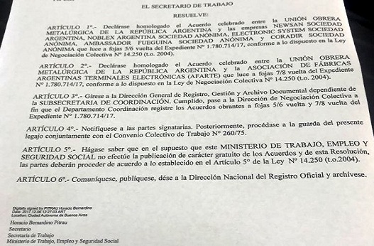 La UOM nacional homologó el acuerdo que congela los salarios en el sector metalúrgico de Tierra del Fuego por el término de dos años.