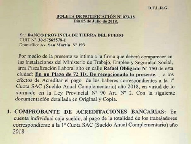 El BTF deberá comparecer ante el Ministerio de Trabajo de la provincia a los efectos de acreditar el pago de la primera cuota del SAC correspondiente al presente año a los trabajadores de la entidad bancaria.