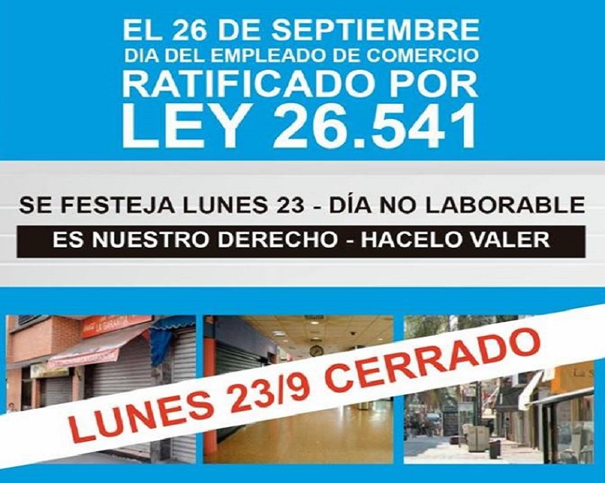 El acuerdo establece que el lunes 23 de setiembre, fecha en que se conmemorará el Día del Empleado de Comercio, no se podrá otorgar como franco compensatorio de descanso semanal.