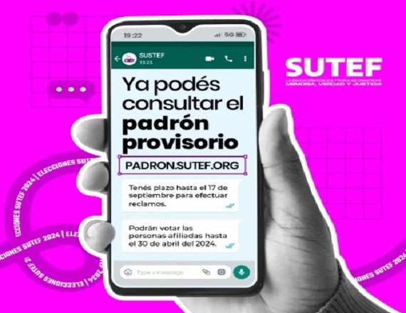 Si se encuentran errores u omisiones en el padrón provisorio, se puede hacer el reclamo hasta el 17 de septiembre por email a: juntaelectoralprovincial@sutef.org, o de manera presencial en la Junta Electoral Provincial.