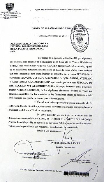 Orden de allanamiento con la firma del Juez De Gamas Soler