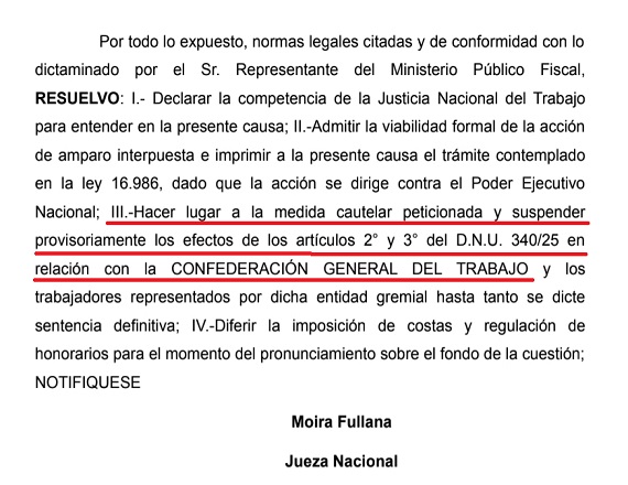 La Jueza Fullana admitió la medida cautelar pedida por la CGT y frenó parcialmente el decreto del Ejecutivo nacional. Además, ratificó que el fuero laboral es competente, dada la naturaleza de los derechos en juego.