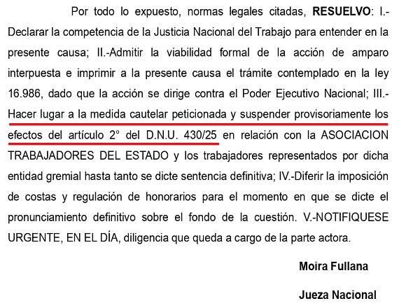 El Juzgado Nacional de Primera Instancia del Trabajo Nº 3 resolvió suspender provisoriamente los efectos del Artículo 2º del DNU Nº 430/2025 que refería a la eliminación del 27 de junio de cada año como el “Día del Trabajador del Estado”.