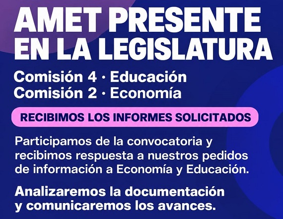 “El debate debe contemplar la necesidad de alcanzar un cargo docente equivalente a la canasta básica, conocer la planta de personal y garantizar seguimiento público y participación de las y los trabajadores”, resaltó AMET.