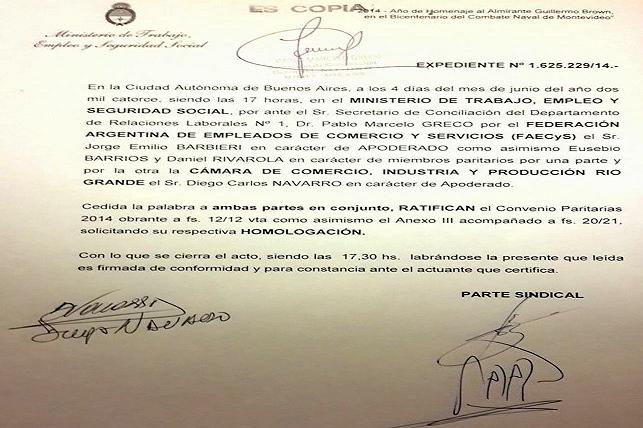 El CEC ratificó el acuerdo local ante el Ministerio de Trabajo de Nación