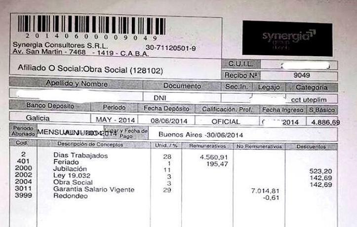 Recibo de sueldo de la empresa SINERGIA, donde se observa el item 