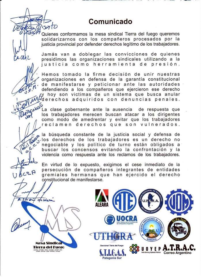 Documento elaborado por la Mesa Sindical de Ushuaia en solidaridad con los trabajadores procesados