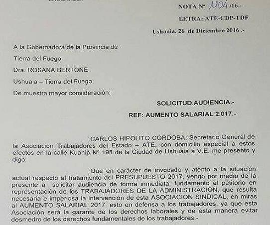 ATE pidió de manera “inmediata” una reunión con la Gobernadora Bertone para tratar el aumento salarial 2017. 